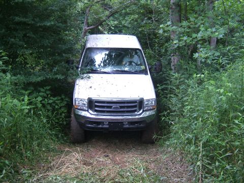 1993 Ford Bronco - White Ford E-Series van parked on dirt path surrounded by trees and foliage.