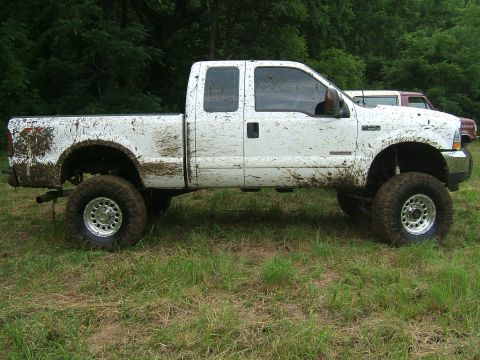 1993 Ford Bronco - A white pickup truck covered in mud sits on a grassy field, with another vehicle visible in the background.