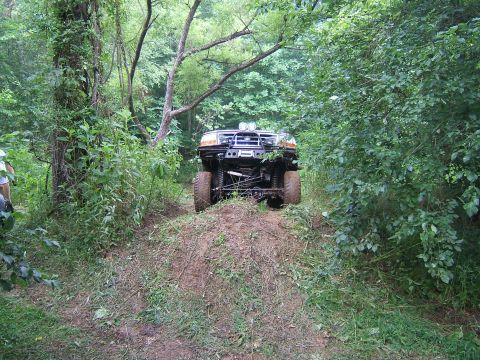 1993 Ford Bronco - A black 1993 Ford Bronco navigates an off-road trail, climbing a dirt incline surrounded by dense foliage.