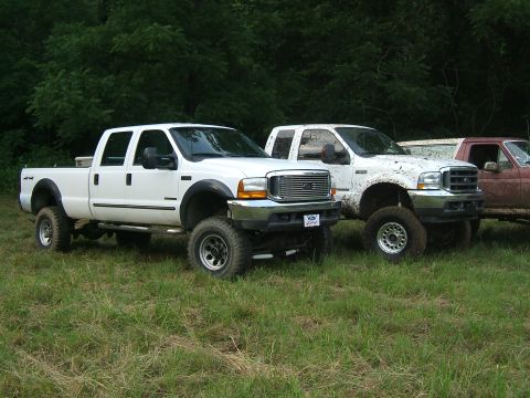 1993 Ford Bronco - Three pickup trucks, two white Ford F-250 Super Duty models and a reddish-brown truck, are parked in a grassy area.