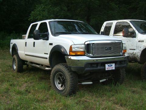 1993 Ford Bronco - A lifted white Ford F-250 pickup truck sits in a grassy area, with another dirty truck visible behind it.