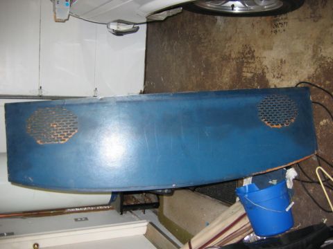 1985 Ford LTD Crown Victoria - A blue dashboard component with speaker grilles is shown, possibly for a vehicle interior restoration project.