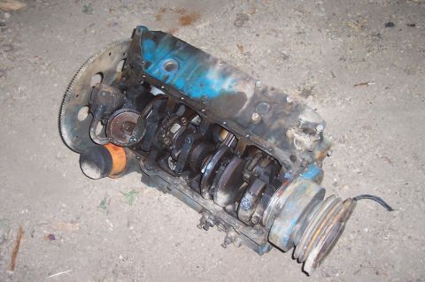 1994 Ford F-150 - Disassembled engine block showing the crankshaft and oil filter. The engine is painted blue and sits on the ground.