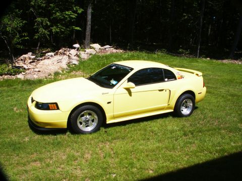2001 Mercury Grand Marquis - A yellow Ford Mustang is parked on a grassy lawn in front of a wooded area. The car has a spoiler and custom wheels.