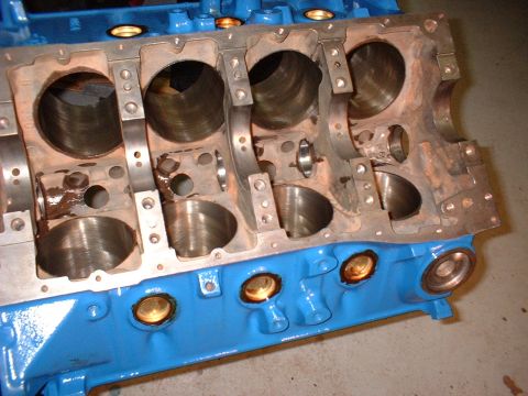 1970 Ford Torino - A blue painted engine block is shown with its internal components exposed.