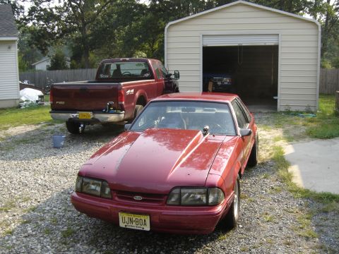 1988 Ford Bronco - Red coupe with aftermarket hood scoop and UJN-80A license plate parked in gravel driveway.
