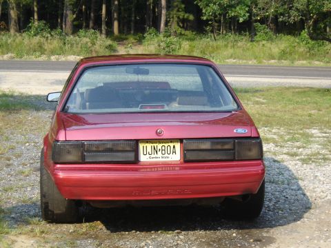1988 Ford Bronco - Rear view of a red Ford Mustang parked outdoors with trees in the background.