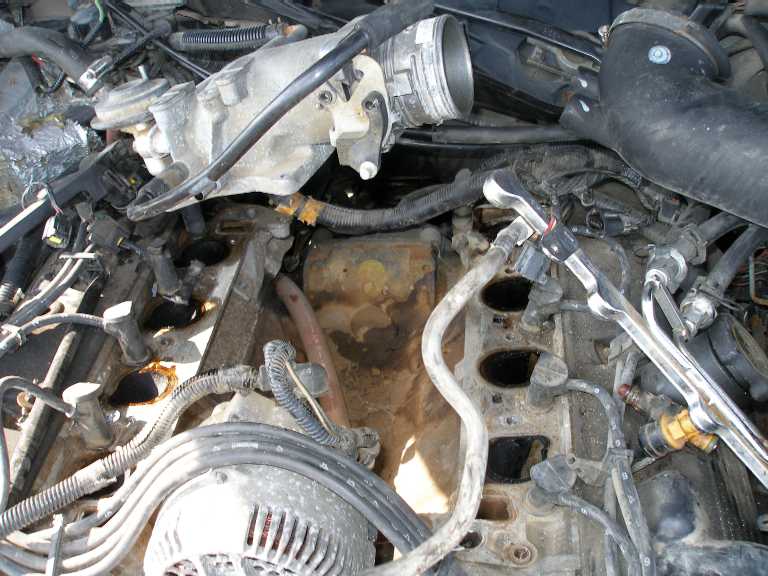 Engine bay with intake manifold removed exposing cylinder head ports and valley