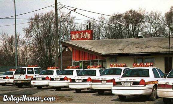 Several white Crown Victoria police cars parked in front of a Donutland donut shop