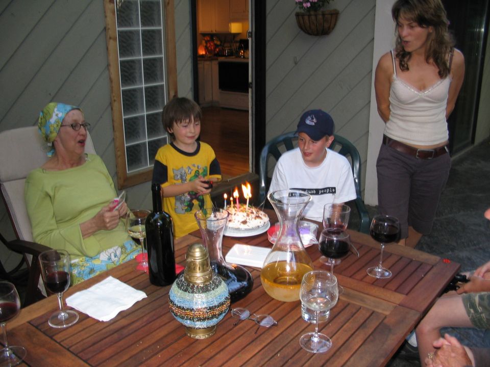 Birthday party with cake and people gathered around a table