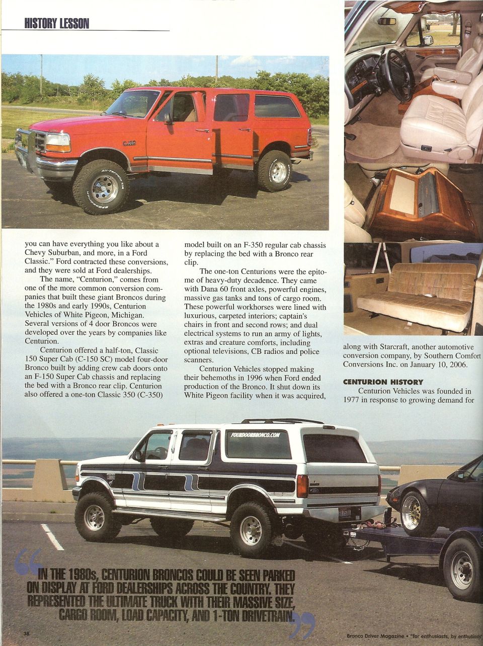 Magazine article page showing red and white four-door Ford Bronco conversions and interior photos