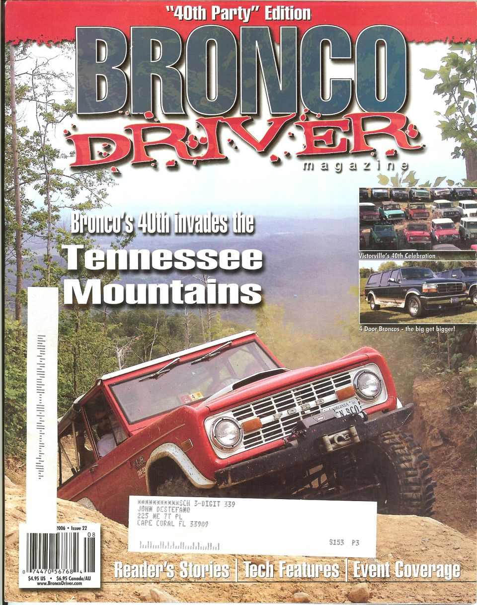 Bronco Driver magazine cover with red early Bronco off-roading in mountains