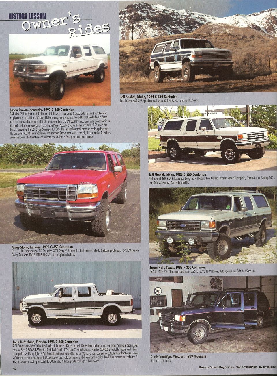 Magazine page showing several Ford Centurion conversion trucks and Broncos with captions
