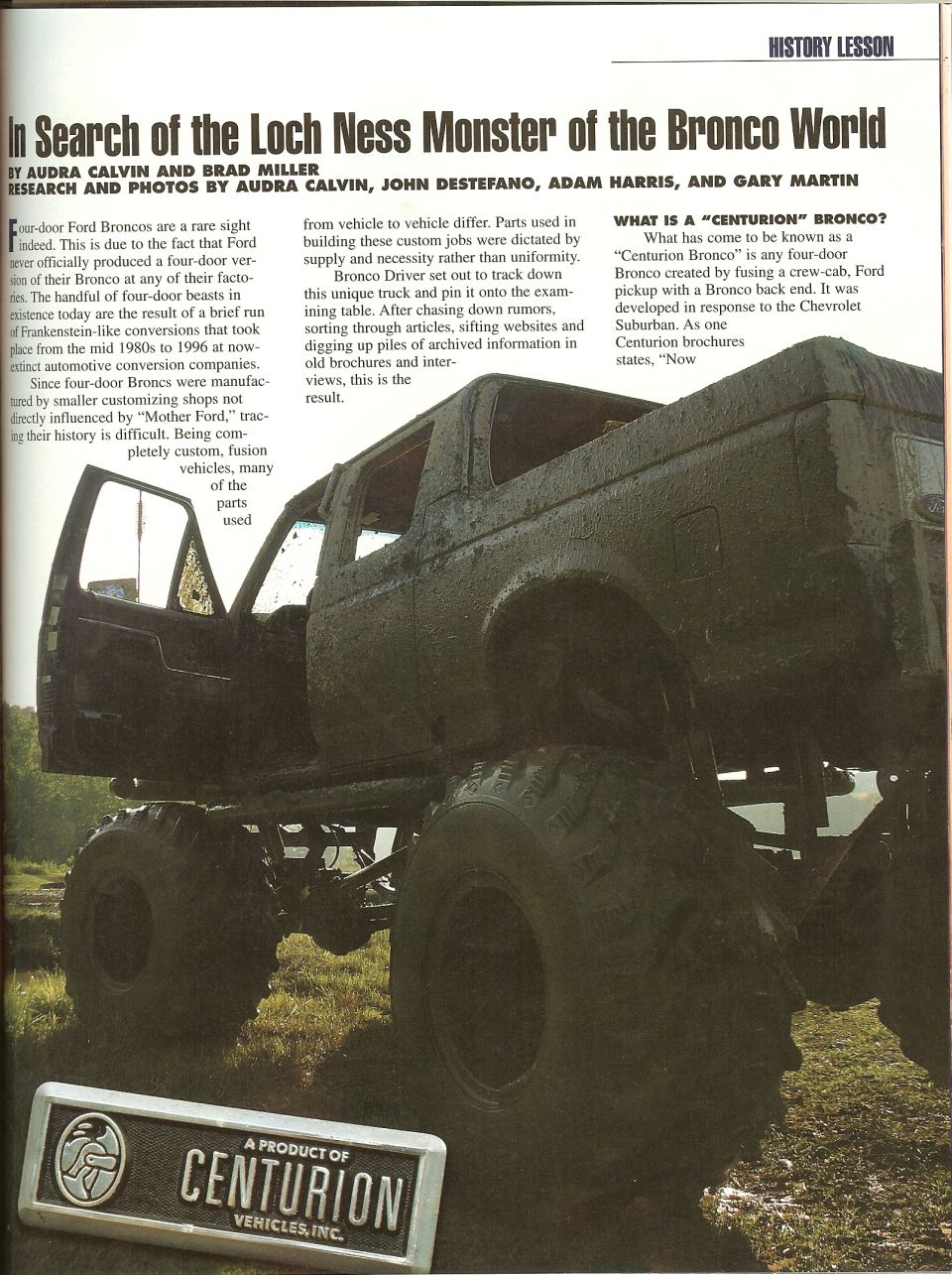Magazine page showing lifted mud-covered four-door Ford Centurion conversion truck
