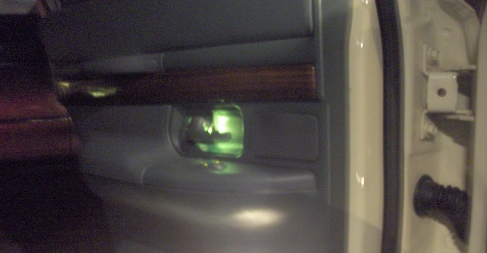 Interior gray door panel with wood trim and green-lit courtesy light, white door edge at right