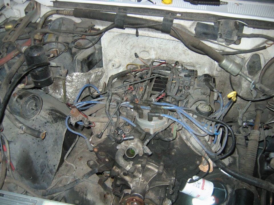 Engine bay showing distributor, blue plug wires, and intake components