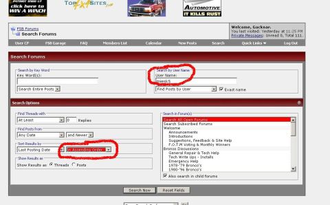 1986 Ford Bronco - Screenshot of a forum's search page, showing user name and search options.
