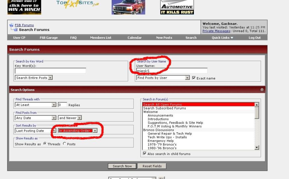 Screenshot of the FSB Forums search page with user name and search options visible