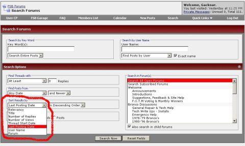 1986 Ford Bronco - A screenshot of a web forum's search interface, showing various search and sorting options.
