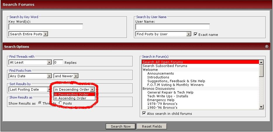 Screenshot of a forum search page with options for keywords, user name, and sorting