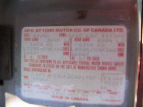 1986 Ford C-350 (Centurion Conversions) - Vehicle identification plate indicates manufacture date of February 1986 and is made in Canada.