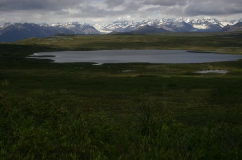 2003 Jeep TJ - Expansive Alaskan landscape features a lake and mountains under a cloudy sky.