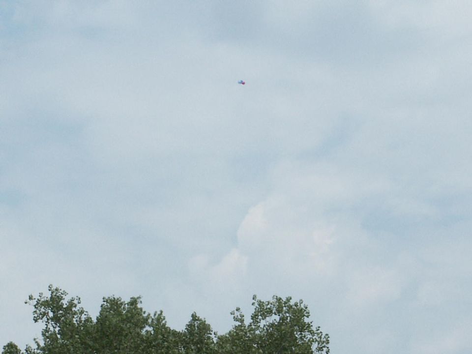 Small aircraft flying in a cloudy sky above trees