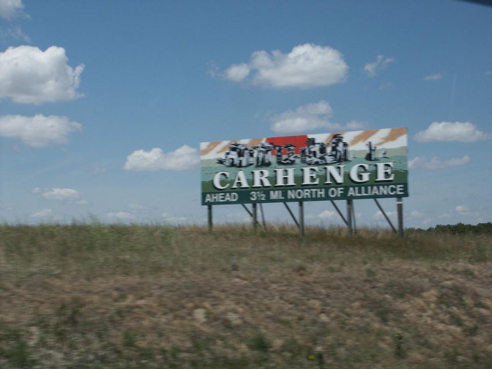 Billboard for Carhenge ahead, 3 1/2 miles north of Alliance