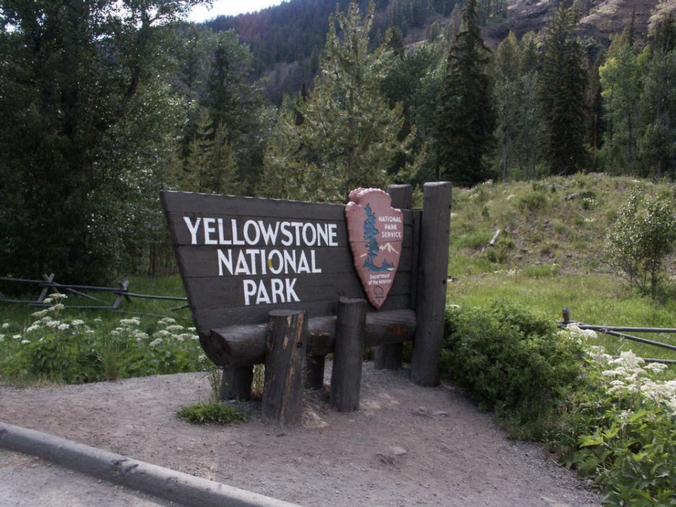 Wooden sign for Yellowstone National Park with National Park Service emblem