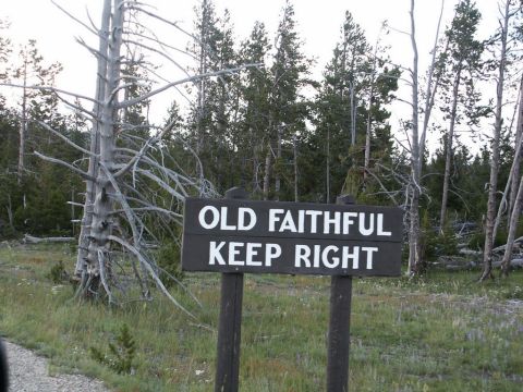 2001 Mercury Grand Marquis - A sign in a wooded area directs visitors to keep right, likely near Old Faithful.