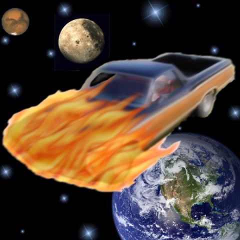 2002 Ford Crown Victoria - An El Camino with flame graphics appears to be flying through space past Earth and Mars.
