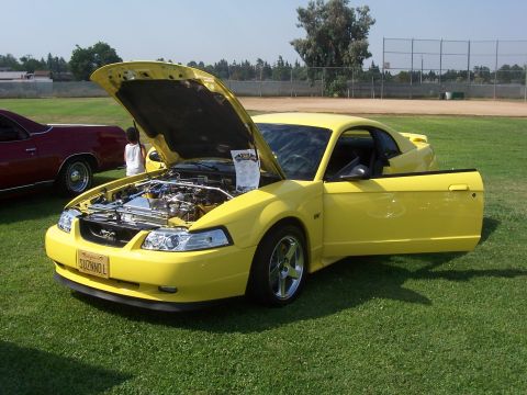 2002 Ford Mustang - A yellow Ford Mustang is parked on grass with its hood and driver's door open, revealing the engine and interior.
