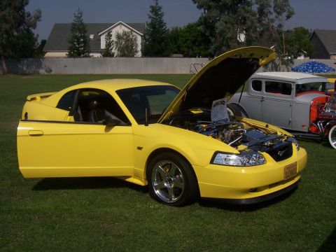 2002 Ford Mustang - A yellow Ford Mustang is displayed with its hood and driver's door open, parked on a grassy field.