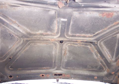 1979 Ford Bronco - The underside of a car hood shows signs of rust and wear.