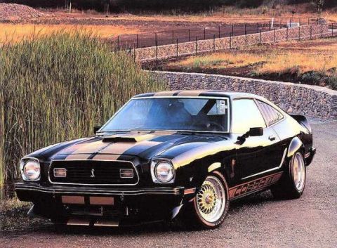 1978 Ford Mustang II - A black 1978 Ford Mustang II Cobra with gold racing stripes is shown from a three-quarter front angle.