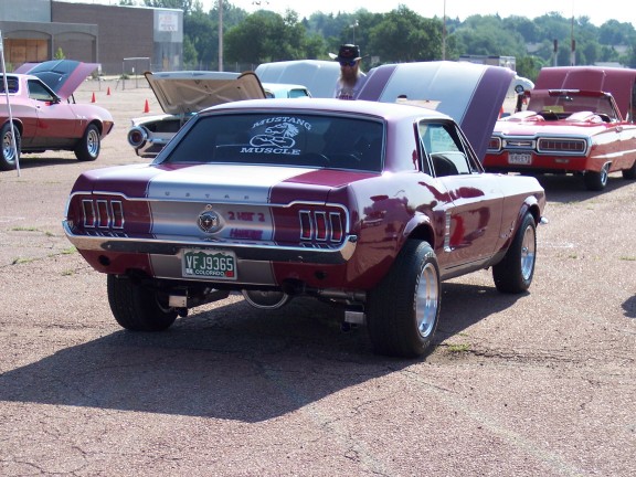 1967 Ford Mustang Fastback rear view, "Mustang Muscle" sticker on rear window, VF J9365 Colorado plate