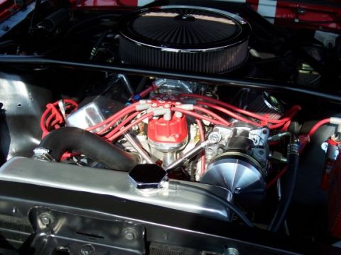 1972 Ford Ranchero - The engine bay features a prominent air filter and red spark plug wires.