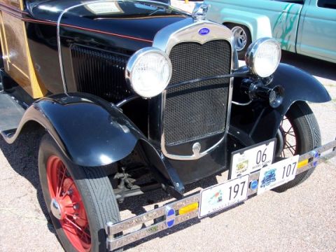 1972 Ford Ranchero - Front view of a 1929 Ford Model A pickup truck, showing its distinctive grille and wooden bed.