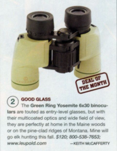 1986 Ford Bronco - Green Ring Yosemite 6x30 binoculars are featured as a 'Deal of the Month' in this Field & Stream Gear section.