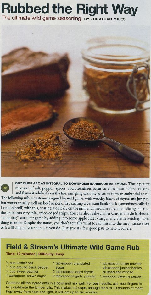1986 Ford Bronco - A close-up of meat and a jar of seasoning, with text about dry rubs and a recipe.
