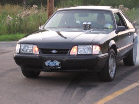 1989 Ford Mustang - This black 1989 Ford Mustang coupe features dual hood scoops and a license plate with racing flags.