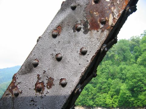 1985 Ford Crown Victoria LTD - A close-up view of a weathered metal beam, showing signs of rust and peeling paint, set against a backdrop of dense green foliage and water.