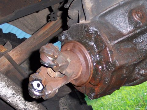 1979 Ford F-250 - Close-up view of a vehicle's driveshaft U-joint and differential housing, showing signs of wear and grease.