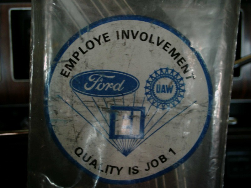Ford UAW sticker with text 'EMPLOYE INVOLVEMENT' and 'QUALITY IS JOB 1'