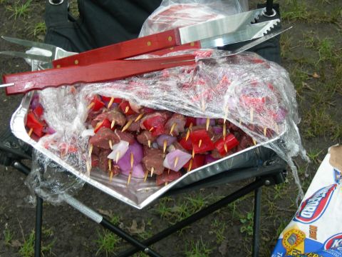 1992 Ford Taurus - A tray of uncooked meat and vegetable skewers sits on a folding chair, ready for grilling.