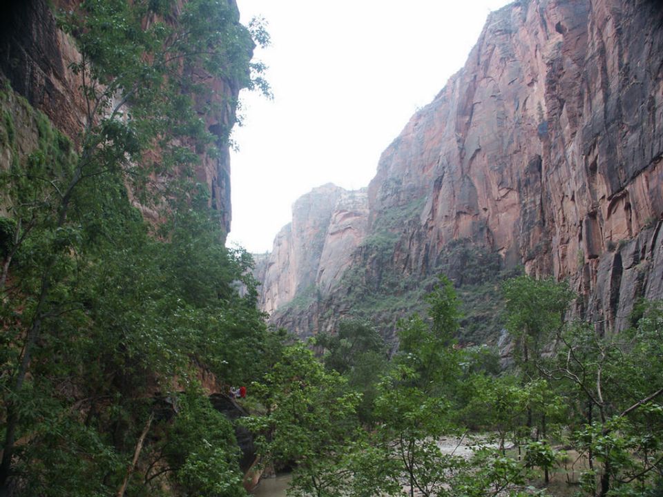 Tall canyon walls with trees and a river below. Some people are visible on a ledge