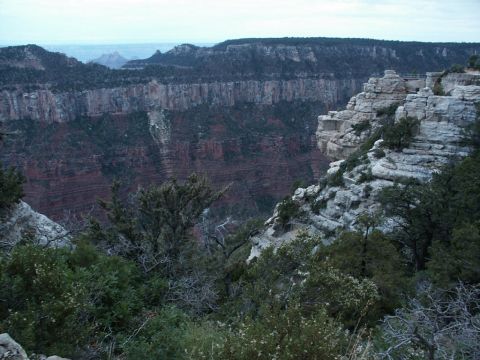 2001 Mercury Grand Marquis - A vast canyon vista under an overcast sky, geological strata and arid plant life.