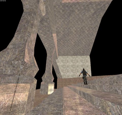 1969 Ford Mustang - A digital rendering depicts a vast, cavernous space with imposing stone pillars and a figure standing on a wide staircase.