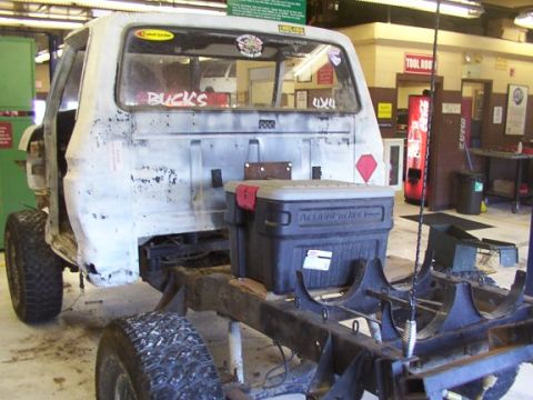 1978 Ford Bronco - This 1978 Ford Bronco is undergoing restoration, showing its body and chassis with a toolbox mounted on the frame.