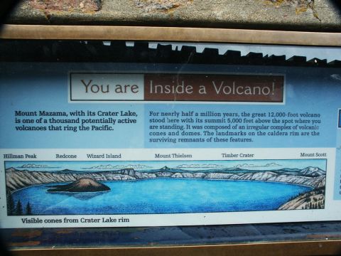 2001 Mercury Grand Marquis - Informational sign about Mount Mazama and Crater Lake, detailing its volcanic origins and surrounding landmarks.